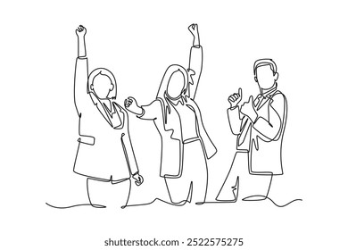 Single one line drawing happy male and female company founder raising hands and thumbs up gesture after company get investment. Business celebration. Continuous line design graphic vector illustration