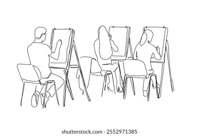 Uma única linha desenhando pessoas felizes estudar juntos na aula de pintura. Classifique o conceito. Ilustração de vetor gráfico de design de desenho de linha contínua. Vetor feito à mão não AI.