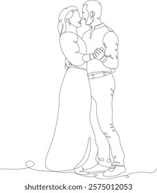 Single one line drawing of happy cute married men and women dancing in party park. Romantic young wedding couple. Vector illustration, hand drawn lines without artificial intelligence