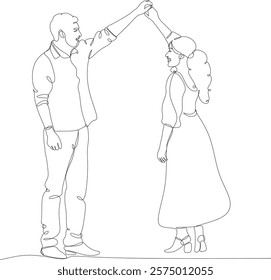 Single one line drawing of happy cute married men and women dancing in party park. Romantic young wedding couple. Vector illustration, hand drawn lines without artificial intelligence