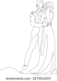 Single one line drawing of happy cute married men and women dancing in party park. Romantic young wedding couple. Vector illustration, hand drawn lines without artificial intelligence