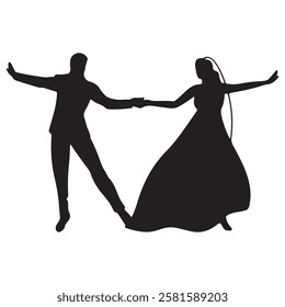 Single one line drawing happy cute married man and woman dancing on the floor at party park. Romantic young wedding couple holding hands and spinning around. Continuous line draw design graphic vector