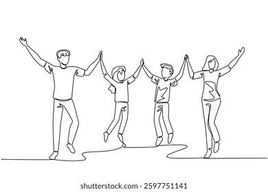 Single one line drawing happy family jumps while lifting and holding hands. Healthy holiday activities. Breathe fresh air in park. International Family Day. Continuous line design graphic illustration