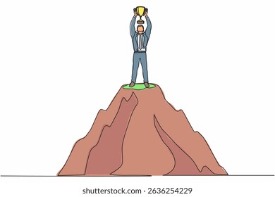 Single one line drawing happy businessman holding trophy on the top of the high mountain. Success, goal, achievement and challenge concept. Continuous line draw design graphic vector illustration