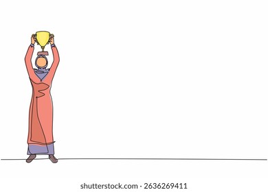 Single one line drawing happy Arabian businesswoman standing and lifting trophy. Career goal icon. Victory sign or symbol. Winner pose. Success, goal, achievement. Continuous line draw design vector