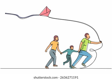 Single one line drawing happy family running with flying kite. Mother, father and son launching kite. Outdoor recreational activities. Modern continuous line draw design graphic vector illustration