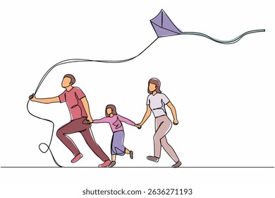 Single one line drawing happy family with flying kite. Smiling mother, father and their little daughter launching kite together at summer festival. Modern continuous line draw design graphic vector
