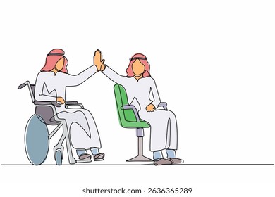 Single one line drawing happy disabled Arabian man give high five coworker. Office worker sitting in wheelchair joy. Colleague celebrating success. Good job sign. Continuous line design graphic vector