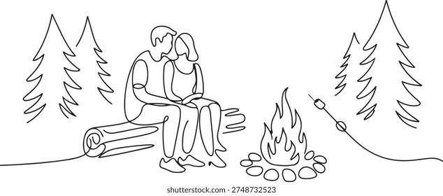 Single one line drawing happy romantic couple summer camp. Man woman sitting by fireplace on log. Bonfire with marshmallow. Outdoor vacation in forest. one line Icon drawing
