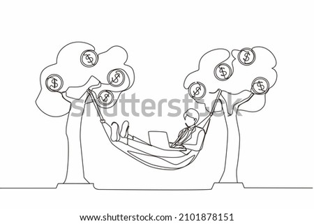 Single one line drawing happy rich businessman typing with laptop in hammock tied on money tree with dollar coins. Make profit or dividend from investment. Continuous line draw design graphic vector