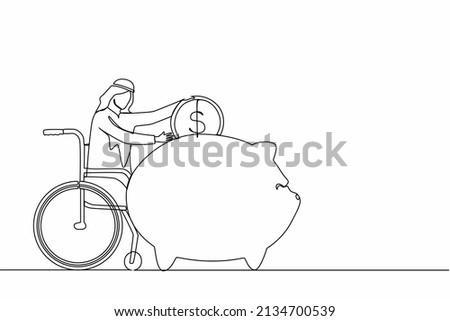 Single one line drawing happy disabled Arabian man saving money. Person in wheelchair holding piggy bank and thinking of money. Disability, finance concept. Continuous line draw design graphic vector