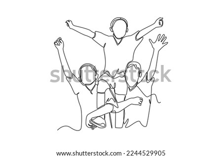 Single one line drawing happy children winning the soccer playing. Team work concept. Continuous line draw design graphic vector illustration.