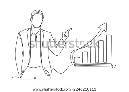 Single one line drawing happy businessman because financial graph is increasing. Economics and Business Concept. Continuous line draw design graphic vector illustration.