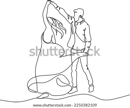 Single one line drawing happy cute married man and woman dancing on the floor at party park. Romantic young wedding couple holding hands and spinning around. Continuous line draw design graphic vector Photo stock © 