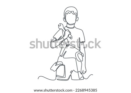 Single one line drawing happy boy mechanic standing and holding wrench set. Auto service concept. Continuous line draw design graphic vector illustration.