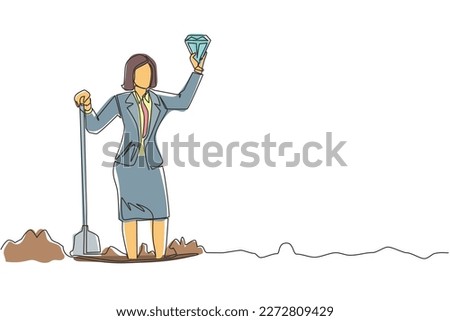 Single one line drawing happy businesswoman hold and find diamond from ground. Excited treasure seeker with precious stone in hand. Treasure gold hunting. Continuous line draw design graphic vector