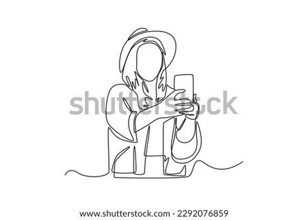 Single one line drawing happy woman make a vlog content with smartphone. Social media concept. Continuous line draw design graphic vector illustration.