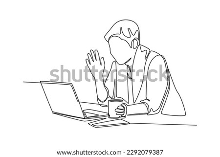 Single one line drawing happy people calling video on laptop. Social media concept. Continuous line draw design graphic vector illustration.
