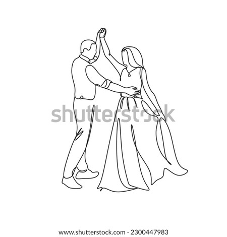 Single one line drawing happy cute married man and woman dancing on the floor at party park. Romantic young wedding couple holding hands and spinning around. Continuous line draw design graphic vector