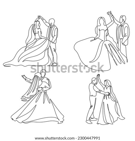 Single one line drawing happy cute married man and woman dancing on the floor at party park. Romantic young wedding couple holding hands and spinning around. Continuous line draw design graphic vector