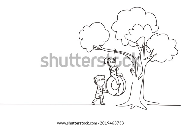 Single one line drawing happy boys and girls\
playing tire swing under tree. Kids swinging on tire hanging from\
tree. Children playing in garden. Continuous line draw design\
graphic vector\
illustration