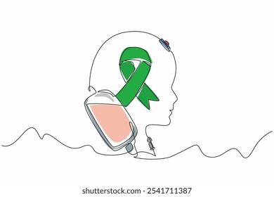 Silhueta de cabeça de desenho de uma linha única da criança feita do cabo de infusão. Cuidar. Afeto. Cuidado máximo. Doença. Mês Nacional de Conscientização sobre a Paralisia Cerebral. Ilustração gráfica de design de linha contínua