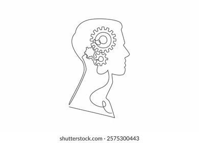 Single one line drawing the head of a man with a gear in the middle of his head. Resetting the brain. Trying to be more innovative. Inside the Head of Man. Continuous line design graphic illustration