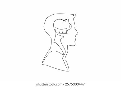 Single one line drawing the head of a young man with a piggy bank in the middle of his head. Investing for financial freedom. Save. Inside the Head of Man. Continuous line design graphic illustration