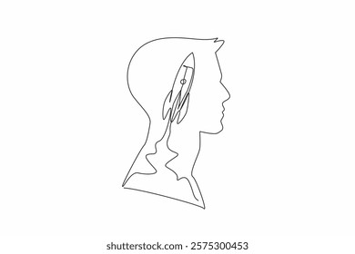 Single one line drawing head of man with rocket in the middle of head with cloud of smoke. Symbol of modern thinking for progress. Inside the Head of Man. Continuous line design graphic illustration