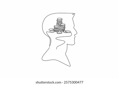 Single one line drawing head of a man with a pile of coins in the middle of his head. Small change will be put into the piggy bank. Inside the Head of Man. Continuous line design graphic illustration