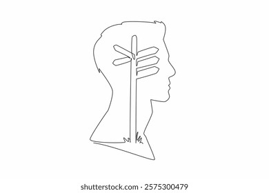 Single one line drawing the head of a man has a lightbulb in the middle of his head. Intersection. Confused about making a choice. Inside the Head of Man. Continuous line design graphic illustration