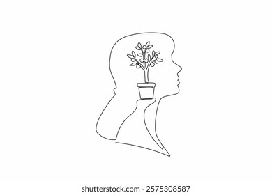 Single one line drawing the head of woman with a money tree in a pot in the middle of her head. Always think about passive income. Inside the Head of Woman. Continuous line design graphic illustration