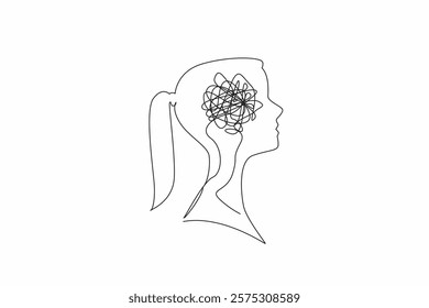 Single one line drawing the head of woman with a tangled wire in the middle of her head. Stress. Tired. Too many problems. Chaos. Inside the Head of Woman. Continuous line design graphic illustration