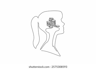 Single one line drawing the head of a woman with a pile of coins in the middle of her head. A little pile that will be hilly. Inside the Head of Woman. Continuous line design graphic illustration