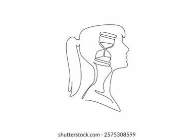 Single one line drawing the head of a woman with an hourglass in the middle of her head. Considering the love proposal that came. Inside the Head of Woman. Continuous line design graphic illustration