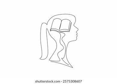 Single one line drawing the head of a young woman with an open book in the middle of her head. Memorize delicious food recipes. Inside the Head of Woman. Continuous line design graphic illustration