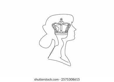 Single one line drawing the head of a young woman with a royal crown in the middle of her head. Get the title of honorary queen. Inside the Head of Woman. Continuous line design graphic illustration