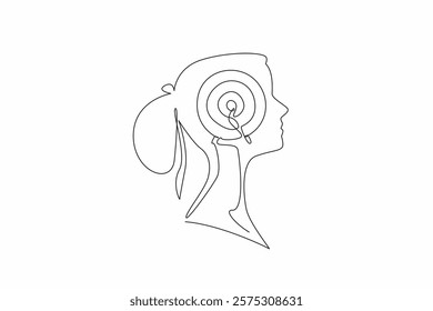 Single one line drawing head of woman with arrow target board in the middle of her head. Thinking about focus to achieve success. Inside the Head of Woman. Continuous line design graphic illustration