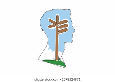 Single one line drawing the head of a man has a lightbulb in the middle of his head. Intersection. Confused about making a choice. Inside the Head of Man. Continuous line design graphic illustration