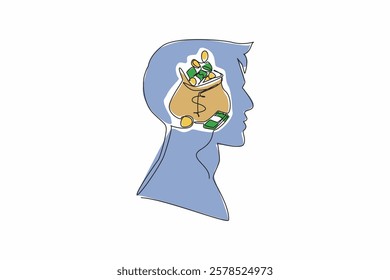 Single one line drawing head of man with an open money bag in the middle of his head. The best place to save money is to invest it. Inside the Head of Man. Continuous line design graphic illustration