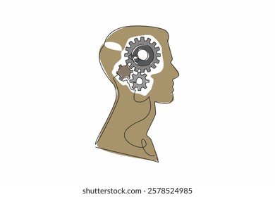 Single one line drawing the head of a man with a gear in the middle of his head. Resetting the brain. Trying to be more innovative. Inside the Head of Man. Continuous line design graphic illustration