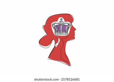 Single one line drawing the head of a young woman with a royal crown in the middle of her head. Get the title of honorary queen. Inside the Head of Woman. Continuous line design graphic illustration