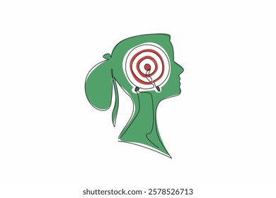 Single one line drawing head of woman with arrow target board in the middle of her head. Thinking about focus to achieve success. Inside the Head of Woman. Continuous line design graphic illustration