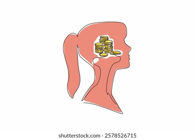 Single one line drawing the head of a woman with a pile of coins in the middle of her head. A little pile that will be hilly. Inside the Head of Woman. Continuous line design graphic illustration