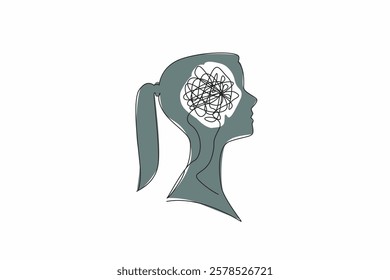 Single one line drawing the head of woman with a tangled wire in the middle of her head. Stress. Tired. Too many problems. Chaos. Inside the Head of Woman. Continuous line design graphic illustration