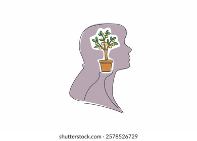 Single one line drawing the head of woman with a money tree in a pot in the middle of her head. Always think about passive income. Inside the Head of Woman. Continuous line design graphic illustration