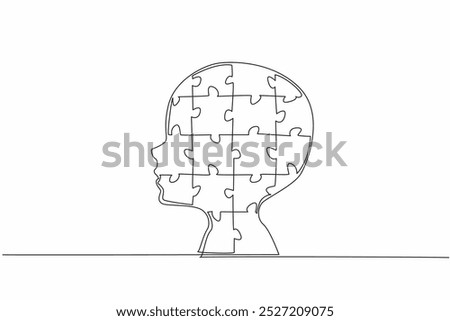 Single one line drawing head silhouette of child formed from puzzle pieces. Spectral diversity. Unique individuals. Unwell. World Autism Awareness Day. Continuous line design graphic illustration