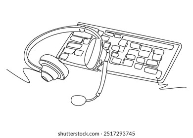 Dibujo de una sola línea de auriculares con micrófono y teclado en el escritorio de trabajo como herramientas del equipo de cuidado del Servicio al cliente. Concepto de centro de llamadas. Ilustración vectorial gráfica de diseño de dibujo de línea continua
