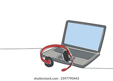 Single one line drawing headphones with mic on top of an open laptop. Break time on a very busy day. Current technology. International Customer Support Day. Continuous line design graphic illustration