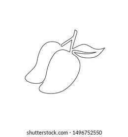 Single one line drawing of healthy organic mangoes for orchard logo identity. Fresh tropical fruitage concept for fruit garden icon. Modern continuous line draw graphic design vector illustration